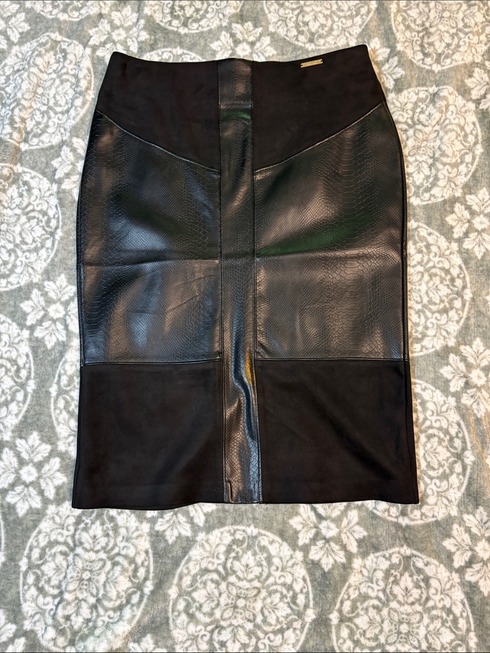 Black Faux Leather & Suede Pencil Skirt - Women's